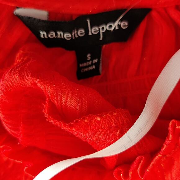 Nanette Lepore Short Cap Sleeve Blouse S Striped Metallic Ruffle Neck Orange Red - Picture 9 of 11
